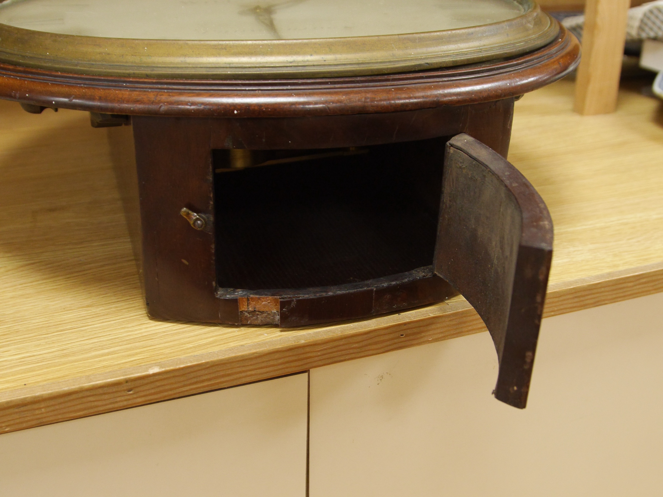 A large mahogany wall clock, William New, Trowbridge, with Roman numeral dial, associated single fusee movement with verge escapement, 49cm in diameter. Condition - fair to good, not tested